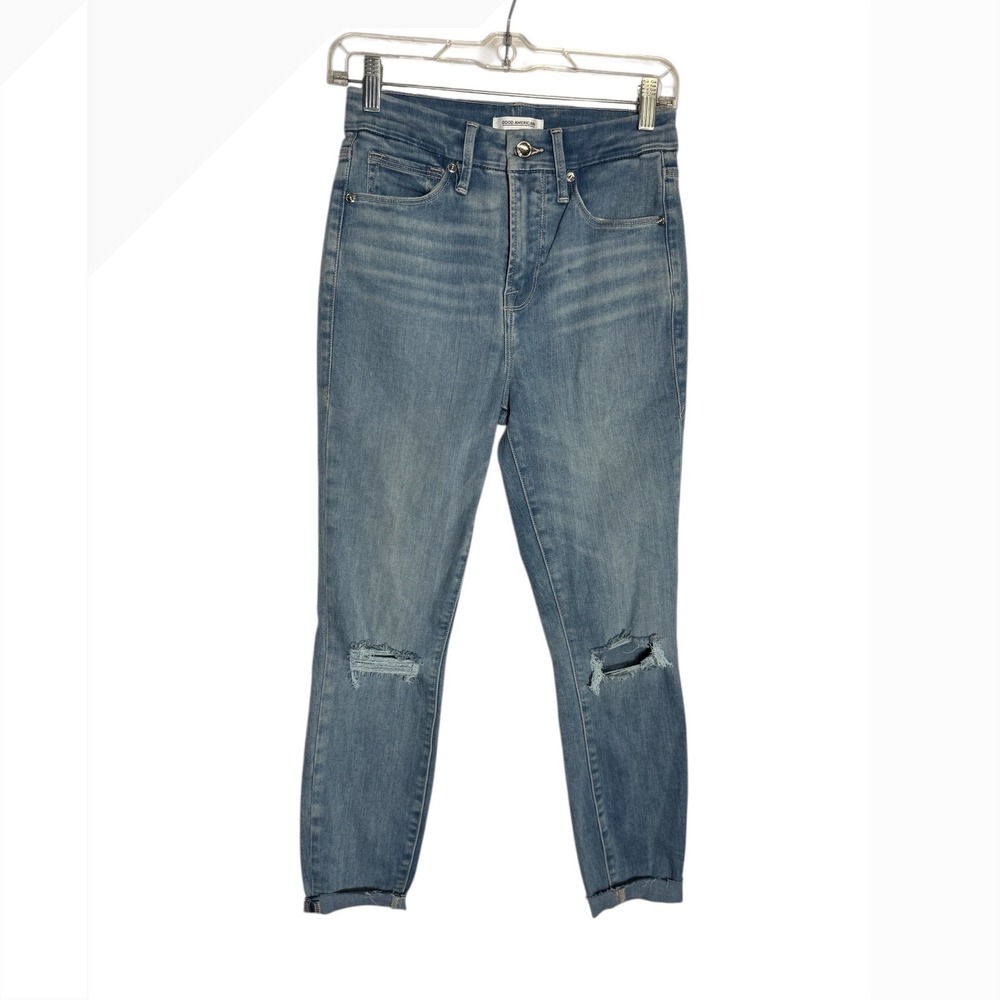 Good American Good Waist Raw Hem Ankle Crop Blue Denim Distressed Jeans‎ 🩵
